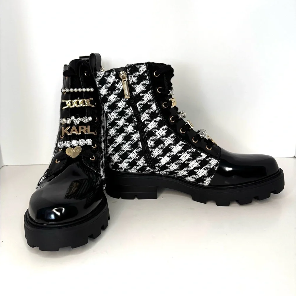 New Karl Lagerfeld Mela Tweed Black/White Combat Boots - Picture 10 of 12